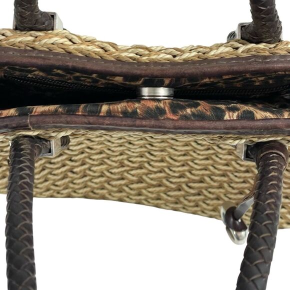Brighton Rita Woven Macrame Jute Straw Leather Tote‎ Bag Animal Print Lining - Picture 3 of 14